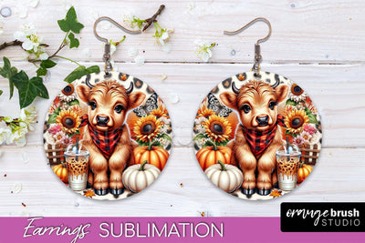 Fall Earrings - Cute Highland Cow Round Earring Sublimation Sublimation OrangeBrushStudio 