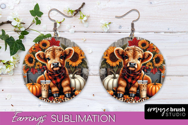 Fall Earrings - Cute Highland Cow Round Earring Sublimation Sublimation OrangeBrushStudio 