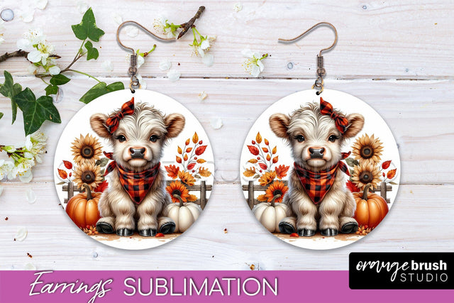 Fall Earrings - Cute Highland Cow Round Earring Sublimation Sublimation OrangeBrushStudio 