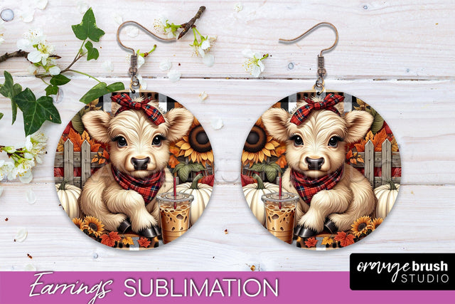 Fall Earrings - Cute Highland Cow Round Earring Sublimation Sublimation OrangeBrushStudio 
