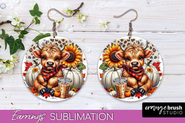 Fall Earrings - Cute Highland Cow Round Earring Sublimation Sublimation OrangeBrushStudio 