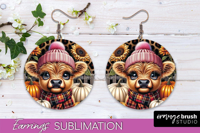 Fall Earrings - Cute Highland Cow Round Earring Sublimation Sublimation OrangeBrushStudio 
