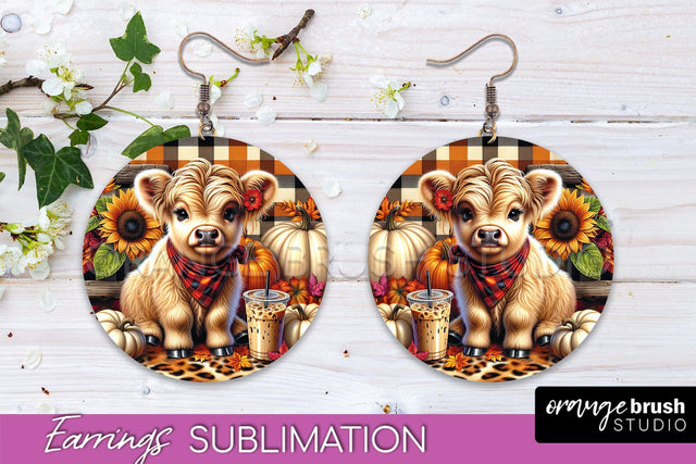 Fall Earrings - Cute Highland Cow Round Earring Sublimation Sublimation OrangeBrushStudio 