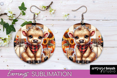 Fall Earrings - Cute Highland Cow Round Earring Sublimation Sublimation OrangeBrushStudio 