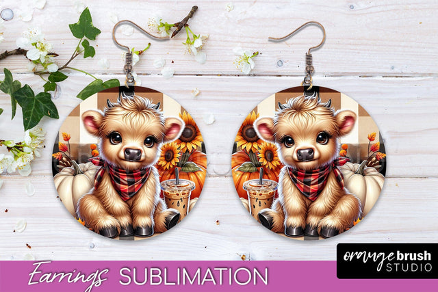 Fall Earrings - Cute Highland Cow Round Earring Sublimation Sublimation OrangeBrushStudio 