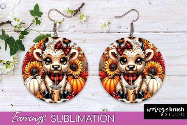 Fall Earrings - Cute Highland Cow Round Earring Sublimation Sublimation OrangeBrushStudio 