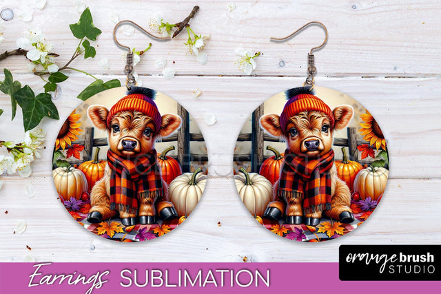 Fall Earrings - Cute Highland Cow Round Earring Sublimation Sublimation OrangeBrushStudio 