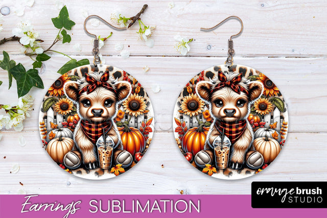 Fall Earrings - Cute Highland Cow Round Earring Sublimation Sublimation OrangeBrushStudio 