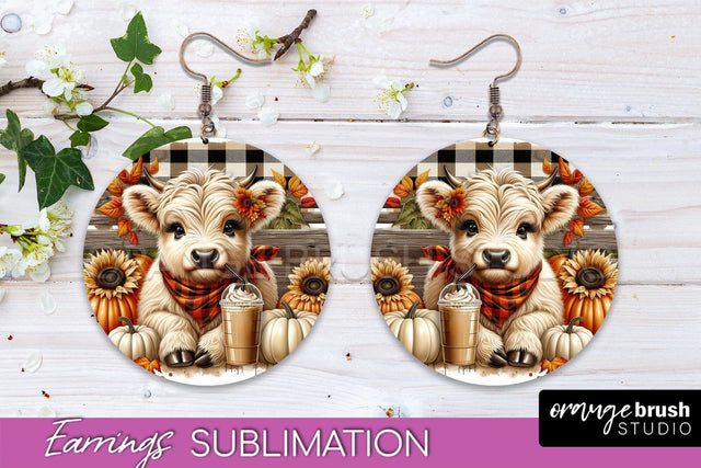 Fall Earrings - Cute Highland Cow Round Earring Sublimation Sublimation OrangeBrushStudio 