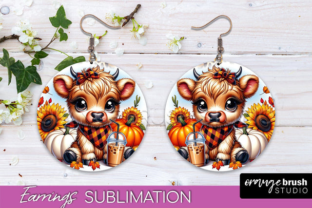 Fall Earrings - Cute Highland Cow Round Earring Sublimation Sublimation OrangeBrushStudio 