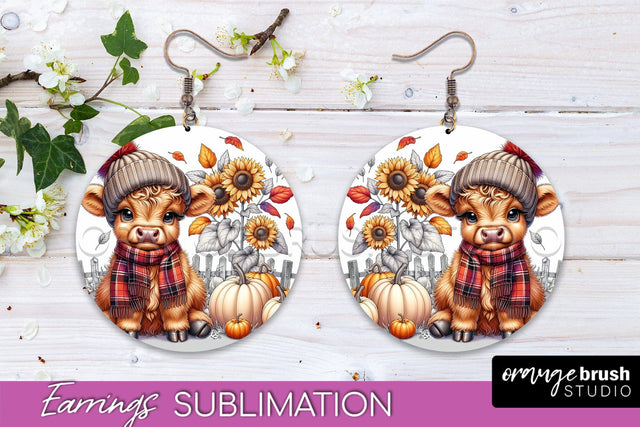 Fall Earrings - Cute Highland Cow Round Earring Sublimation Sublimation OrangeBrushStudio 