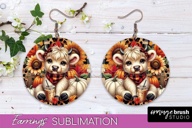 Fall Earrings - Cute Highland Cow Round Earring Sublimation Sublimation OrangeBrushStudio 
