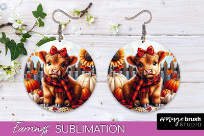 Fall Earrings - Cute Highland Cow Round Earring Sublimation Sublimation OrangeBrushStudio 