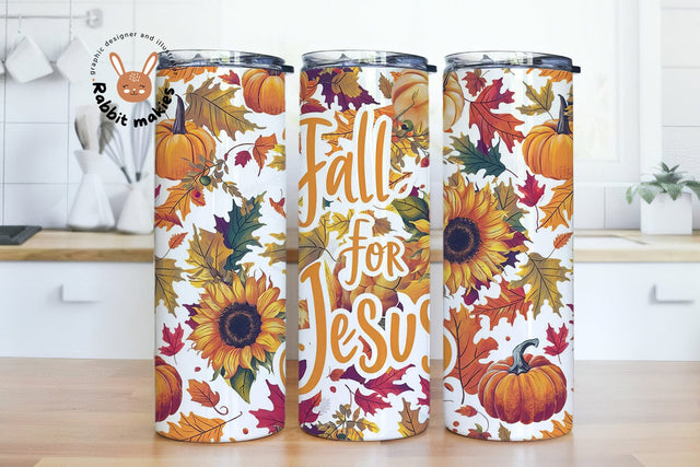Fall Faith 20oz Skinny Tumbler Wrap, Faith Sublimation Design Digital Download PNG, Fall for Jesus Sunflowers Pumpkins Sublimation Rabbitmakies 