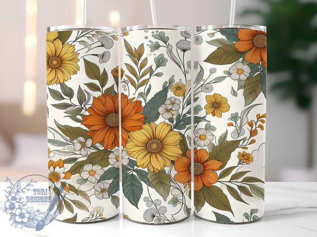 Fall Floral 20oz Skinny Tumbler, Autumn Fall Tumbler Png, Straight & Tapered Tumbler Wrap, Instant Digital Download Sublimation ToriDesigns 