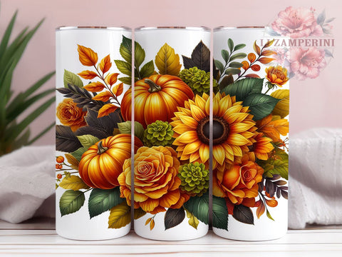 Fall Flowers and Pumpkins 20oz Tumbler Wrap PNG, Fall Sunflowers Tumbler Png, Straight & Tapered Tumbler Wrap, Instant Digital Download Sublimation Li Zamperini 