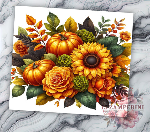Fall Flowers and Pumpkins 20oz Tumbler Wrap PNG, Fall Sunflowers Tumbler Png, Straight & Tapered Tumbler Wrap, Instant Digital Download Sublimation Li Zamperini 