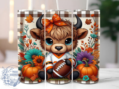 Fall Football Highland Cow Tumbler, Fall Football Wrap, 20oz Sublimation, Autumn Cow Cup, Football Season Mug, Farm Animal Tumbler, Cute Fall Drinkware Sublimation ToriDesigns 