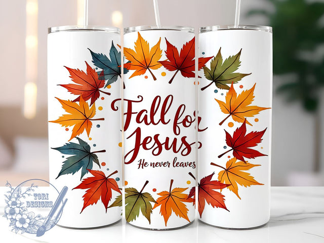 Fall for Jesus He Never Leaves 20oz Skinny Tumbler PNG, Autumn Vibes Tumbler Wrap, Sublimation Design, Straight & Tapered Tumbler Wrap, Instant Digital Download Sublimation ToriDesigns 