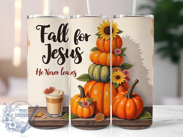 Fall For Jesus He Never Leaves 20oz Skinny Tumbler PNG, Bible Verse Tumbler Wrap, Sublimation Design, Straight & Tapered Tumbler Wrap, Instant Digital Download Sublimation ToriDesigns 