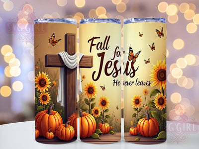 Fall For Jesus He Never Leaves 20oz Tumbler Wrap Sublimation Design, Straight Tapered Tumbler Wrap, Christian Tumbler Png, Instant Digital Download Sublimation SvggirlplusArt 