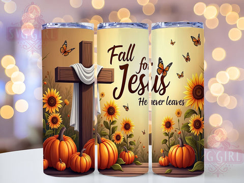 Fall For Jesus He Never Leaves 20oz Tumbler Wrap Sublimation Design, Straight Tapered Tumbler Wrap, Christian Tumbler Png, Instant Digital Download Sublimation SvggirlplusArt 