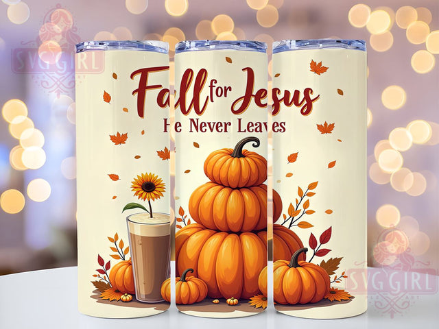 Fall For Jesus He Never Leaves 20oz Tumbler Wrap Sublimation Design, Straight Tapered Tumbler Wrap, Christian Tumbler Png, Instant Digital Download Sublimation SvggirlplusArt 