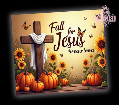 Fall For Jesus He Never Leaves 20oz Tumbler Wrap Sublimation Design, Straight Tapered Tumbler Wrap, Christian Tumbler Png, Instant Digital Download Sublimation SvggirlplusArt 
