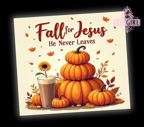 Fall For Jesus He Never Leaves 20oz Tumbler Wrap Sublimation Design, Straight Tapered Tumbler Wrap, Christian Tumbler Png, Instant Digital Download Sublimation SvggirlplusArt 