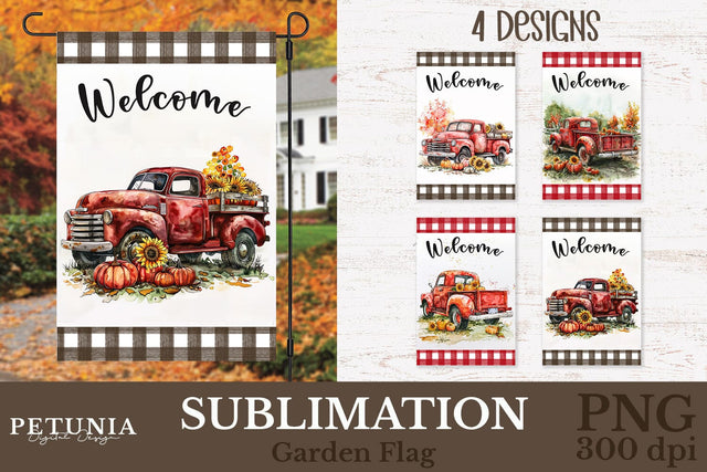Fall Garden Flag | Vintage Truck Welcome Garden Flag Sublimation Petunia Digital Design 