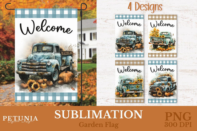 Fall Garden Flag | Vintage Truck Welcome Garden Flag Sublimation Petunia Digital Design 