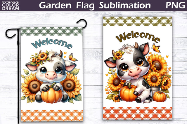 Fall Garden Flag Welcome | Cow Pumpkin Garden Flag Sublimation WatercolorColorDream 