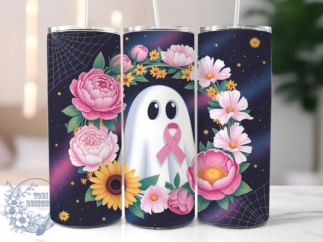 Fall Ghost Flowers Pink Ribbon 20oz Tumbler, Pink Ribbon, Fall Ghost, Flowers Tumbler, Autumn Support, Sublimation Wrap, 20Oz Tumbler Sublimation ToriDesigns 