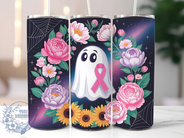 Fall Ghost Flowers Pink Ribbon 20oz Tumbler, Pink Ribbon, Fall Ghost, Flowers Tumbler, Autumn Support, Sublimation Wrap, 20Oz Tumbler Sublimation ToriDesigns 