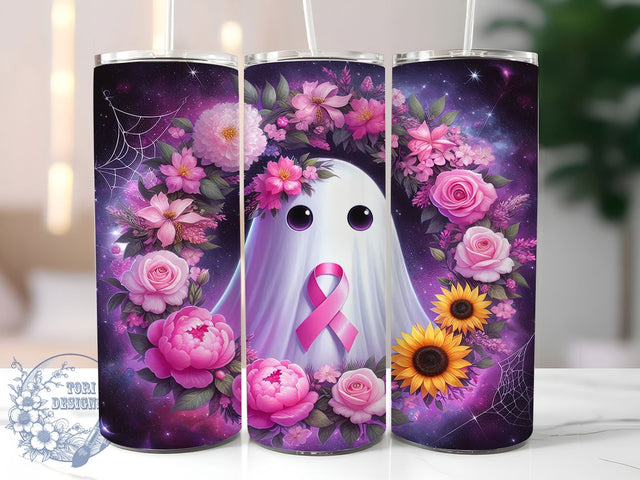 Fall Ghost Flowers Pink Ribbon 20oz Tumbler, Pink Ribbon, Fall Ghost, Flowers Tumbler, Autumn Support, Sublimation Wrap, 20Oz Tumbler Sublimation ToriDesigns 