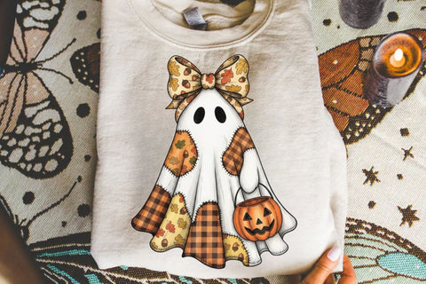 Fall Ghost Patchwork PNG| Halloween Patchwork Ghost Sublimation Png. Sublimation CosmosFineArt 