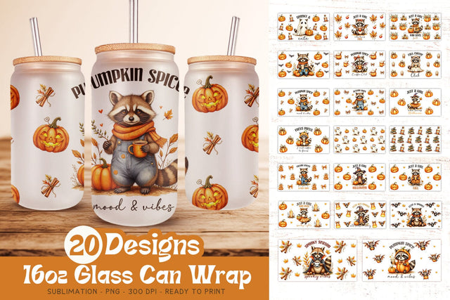 Fall Glass Can Wrap | Halloween 16oz Glass Can Sublimation Sublimation Petunia Digital Design 