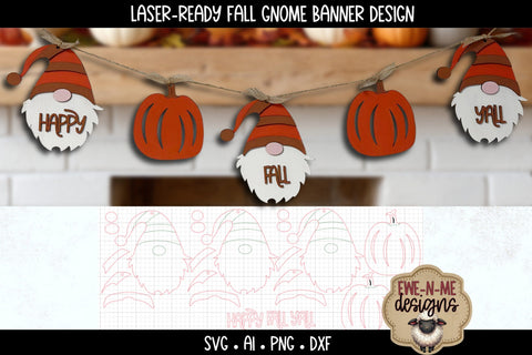 Fall Gnome Banner | Happy Fall Garland Laser Cut SVG File SVG Ewe-N-Me Designs 