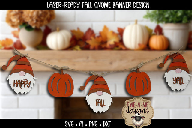 Fall Gnome Banner | Happy Fall Garland Laser Cut SVG File SVG Ewe-N-Me Designs 