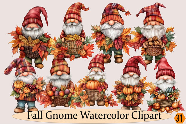 Fall Gnome Watercolor Clipart Bundle. Sublimation SVGArt 
