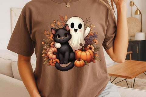 Fall Halloween Ghost And Cat PNG| Floral Halloween Sublimation Png. Sublimation CosmosFineArt 