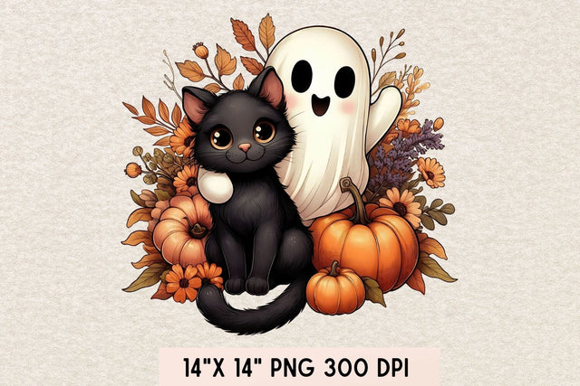 Fall Halloween Ghost And Cat PNG| Floral Halloween Sublimation Png. Sublimation CosmosFineArt 