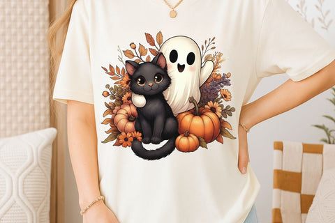 Fall Halloween Ghost And Cat PNG| Floral Halloween Sublimation Png. Sublimation CosmosFineArt 