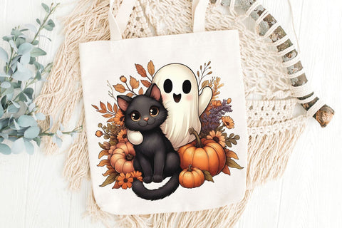 Fall Halloween Ghost And Cat PNG| Floral Halloween Sublimation Png. Sublimation CosmosFineArt 