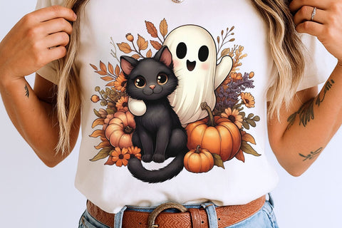 Fall Halloween Ghost And Cat PNG| Floral Halloween Sublimation Png. Sublimation CosmosFineArt 