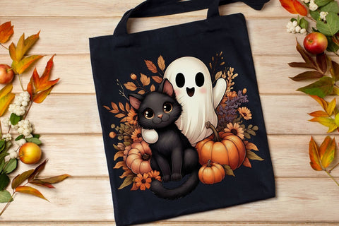 Fall Halloween Ghost And Cat PNG| Floral Halloween Sublimation Png. Sublimation CosmosFineArt 