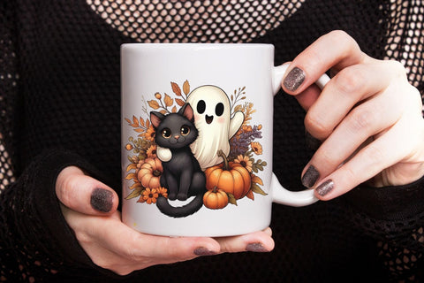 Fall Halloween Ghost And Cat PNG| Floral Halloween Sublimation Png. Sublimation CosmosFineArt 