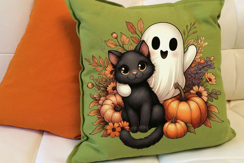 Fall Halloween Ghost And Cat PNG| Floral Halloween Sublimation Png. Sublimation CosmosFineArt 