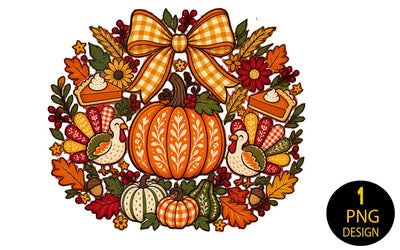 Fall Harvest Wreath PNG, Gingham Bow Pumpkin Sublimation Design, Thanksgiving Turkey Clipart, Cozy Autumn Shirt Design, Instant Download Sublimation Insomnia Std 