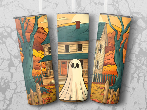 Fall Haunted House Ghost Sublimation Tumbler Wrap Sublimation Fine Purple Elephant Creations 